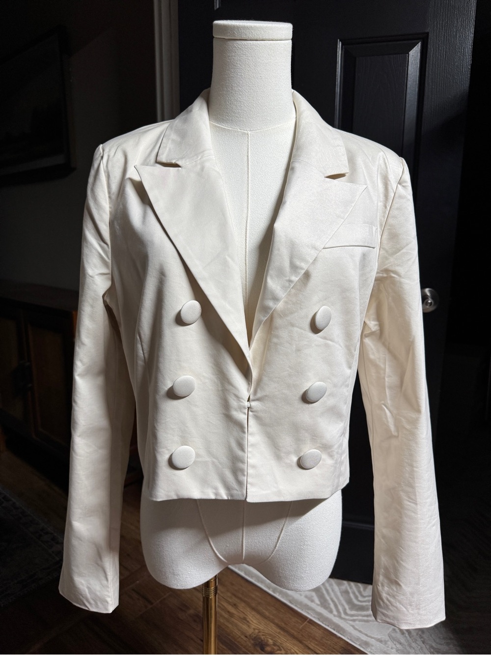 {7FAMK} Cream Ivory Off White Double Breasted Cropped Suit Coat Blazer WBZ1
